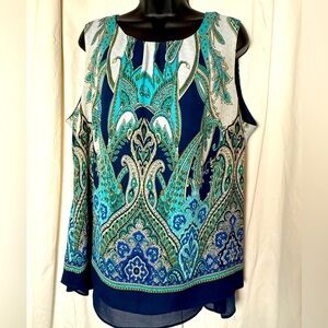 Rose & Olive Layered Split Back Paisley Sleeveless Dressy Blouse Womens Sz 1X